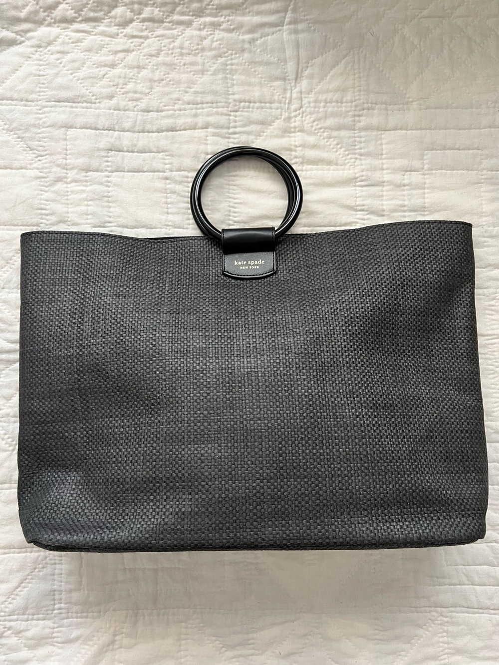 Kate Spade Black Woven Tote with Circular Ring Handles